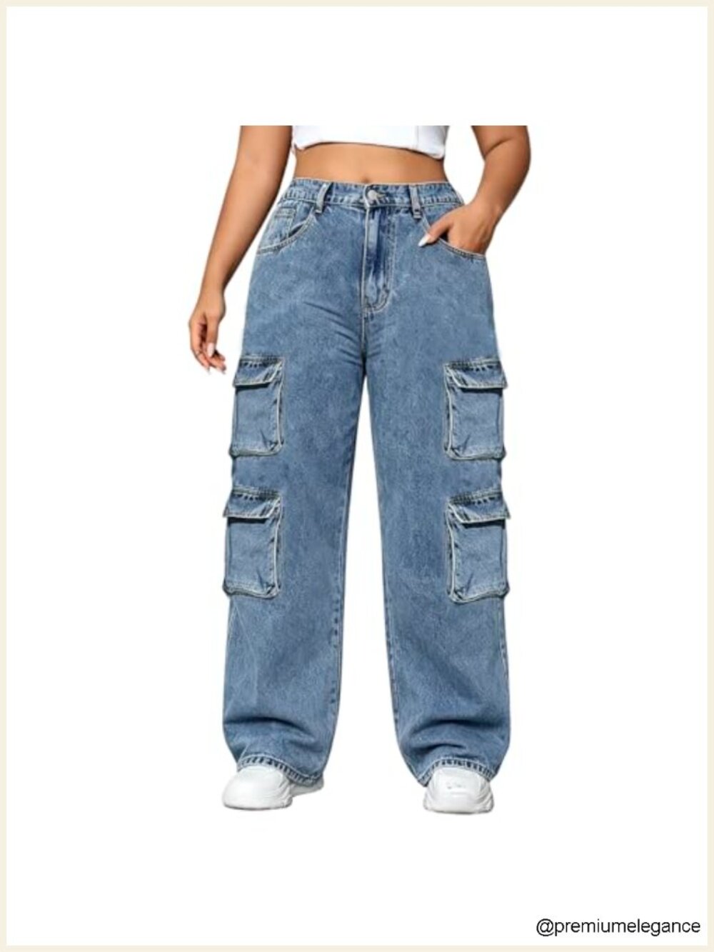 Plus Size Women's Wide Leg Stretch Denim Cargo Jeans High Waisted Baggy